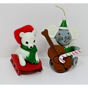 R Dakin 1979 1980 Wooden Christmas Ornaments Mouse with Chello Bear Sledding